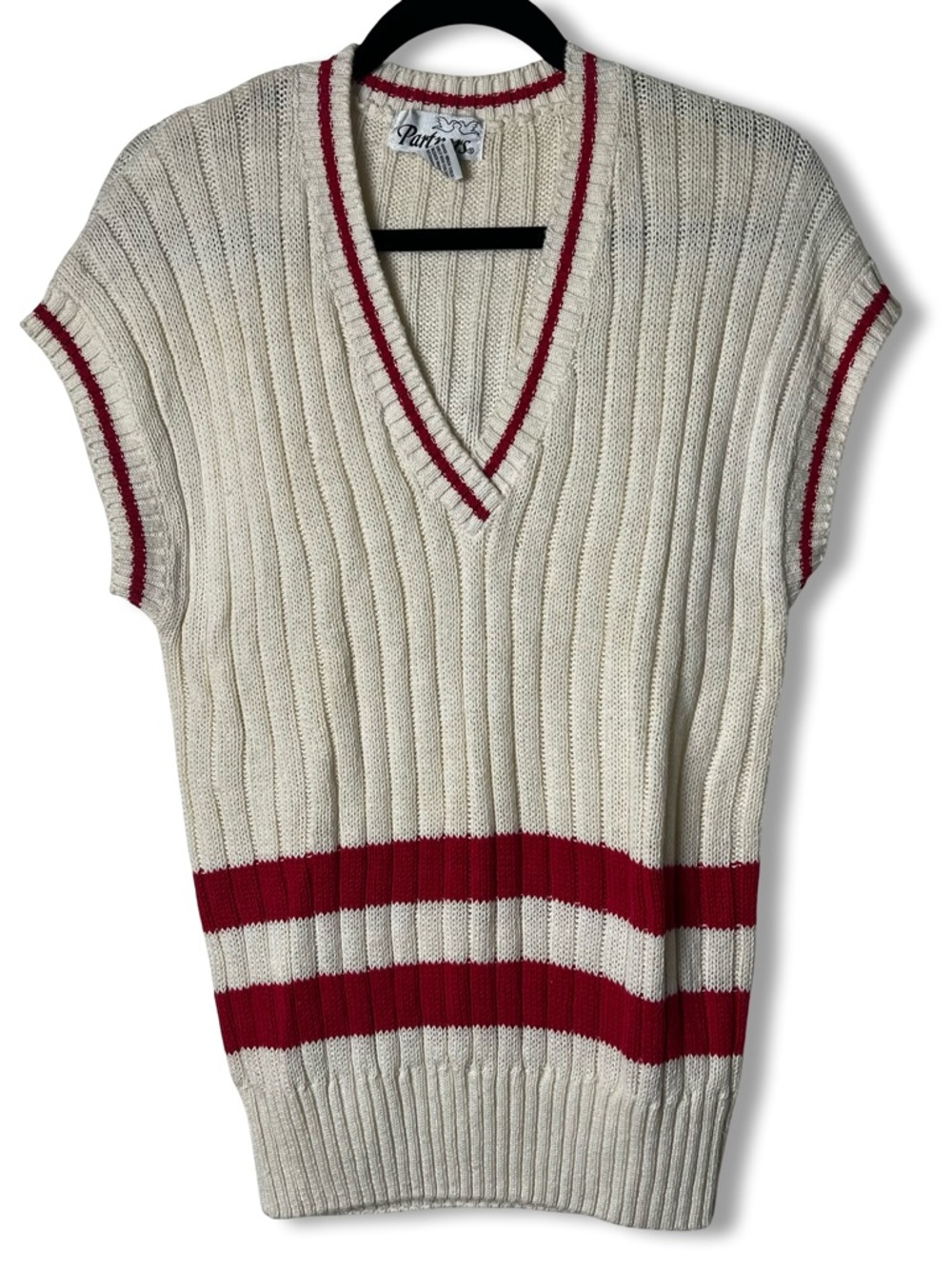 VTG 80s Partners Ramie Cotton Cricket Tennis Stripe V-Neck Sweater Unisex‎ Sz. M